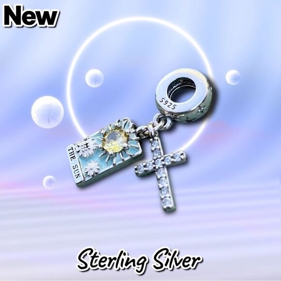 NEW 925 Sterling Silver “The Sun” Tarot Card Charm – Light Blue with Crystal Cro - Picture 3 of 3
